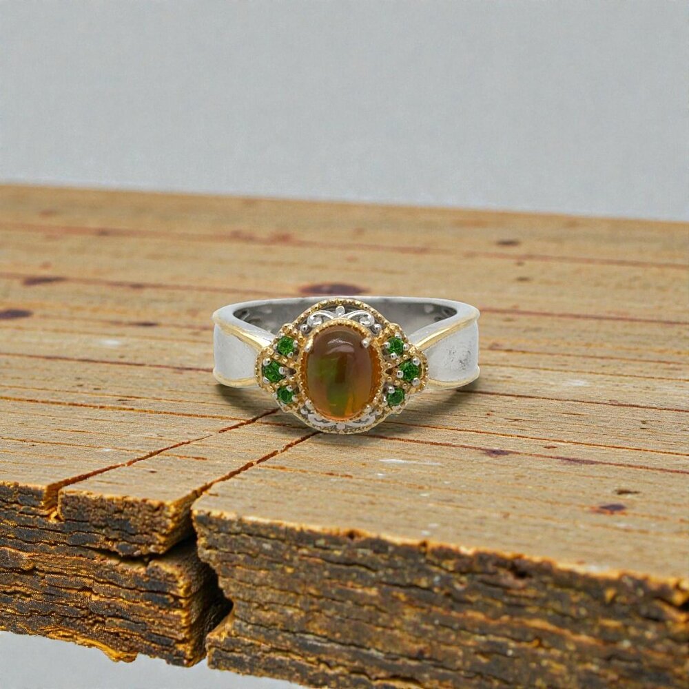 Opal and Chrome Diopside Halo Ring in 925 Sterling Silver